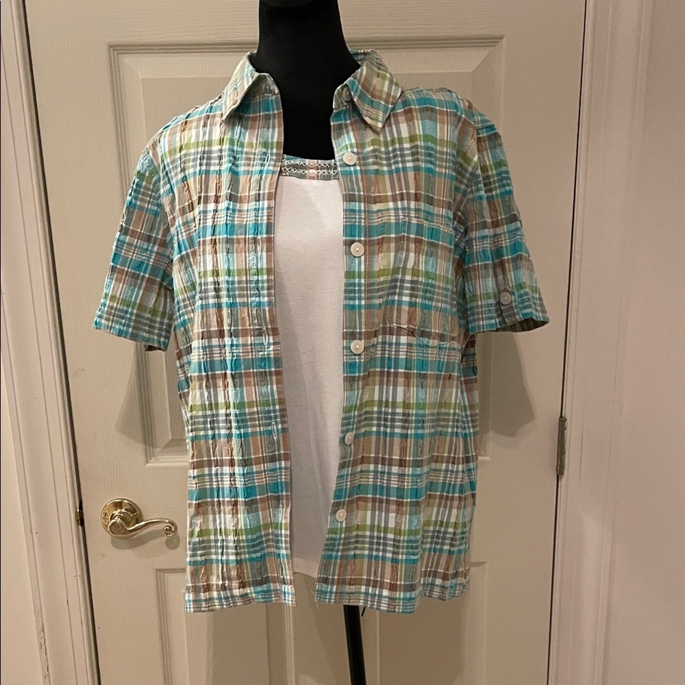 Women’s Twin-Set Plaid Short Sleeve Shirt with Sleeveless Blouse.